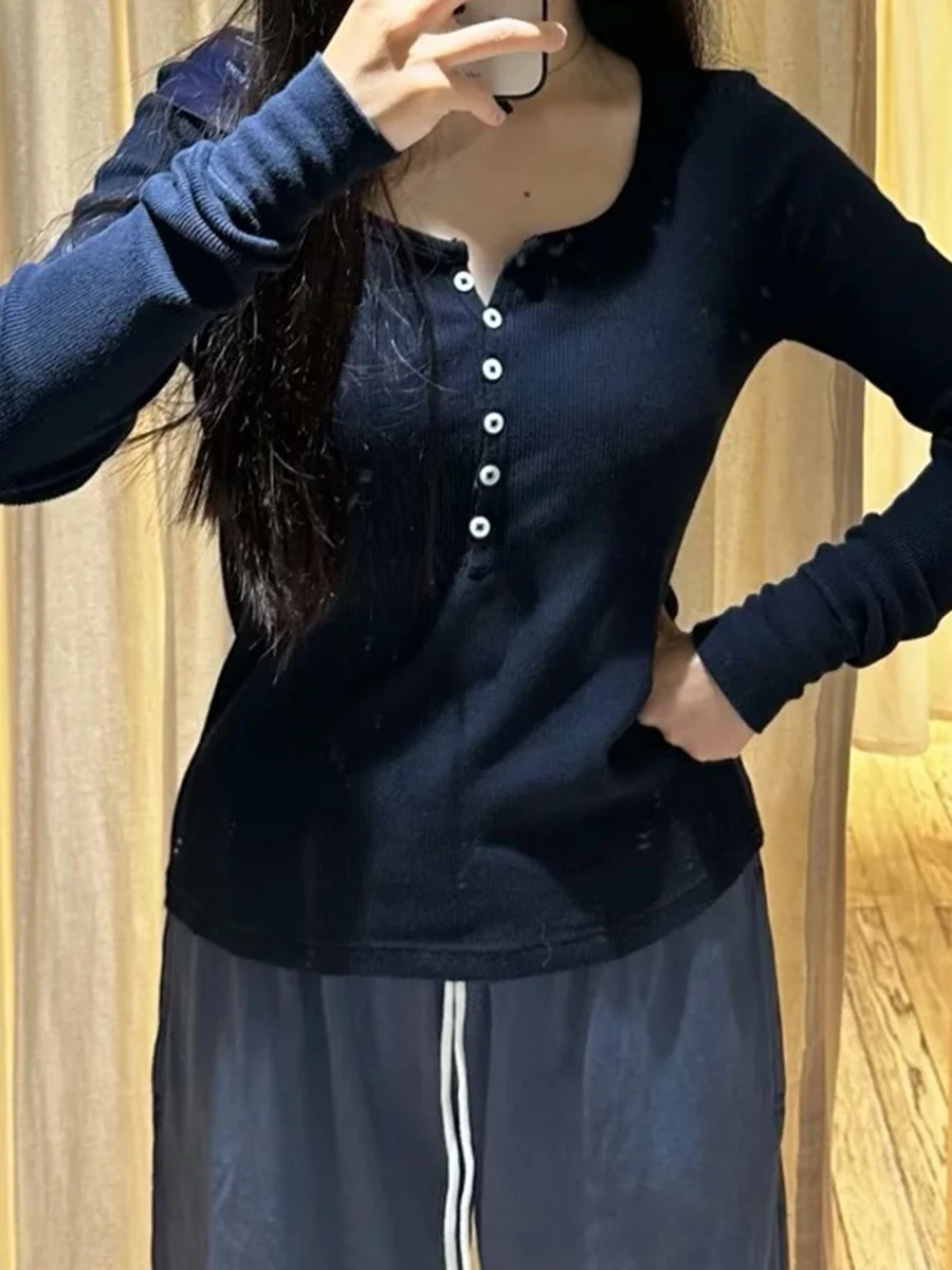 

Женские темно-синие хлопковые тонкие футболки в рубчик, осенние новые футболки с круглым вырезом и длинными рукавами на пуговицах, винтажные базовые футболки в консервативном стиле