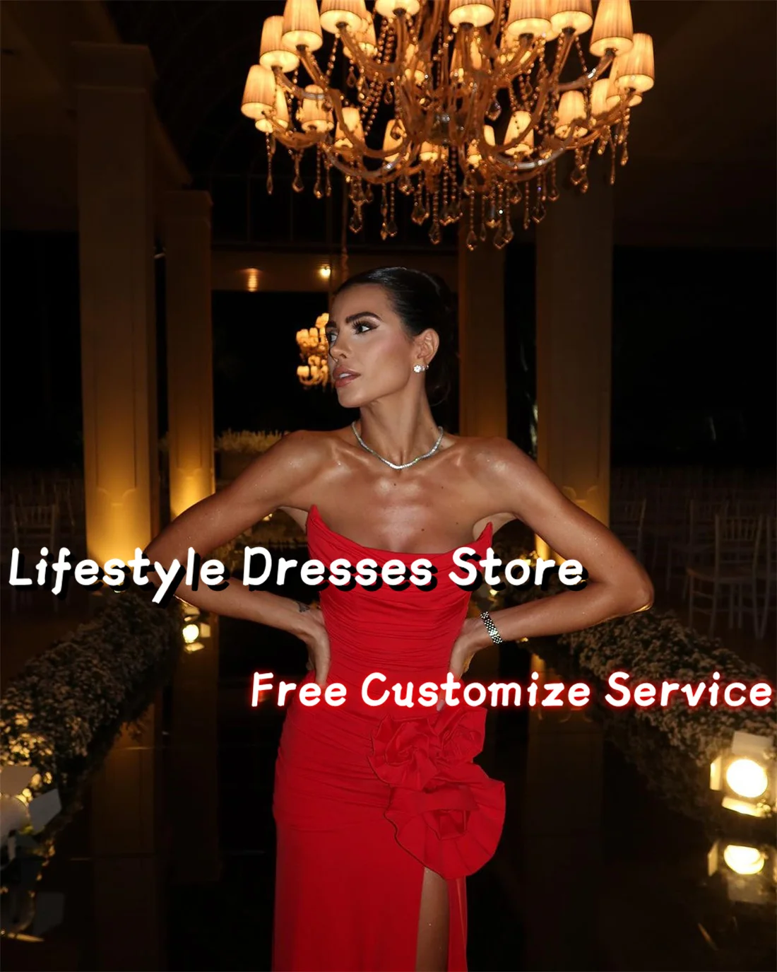 Customized Red Chiffon Flowers Evening Dresses High Slit Sleeveless Vintage Long Prom Dresses Wedding Formal Party Gown