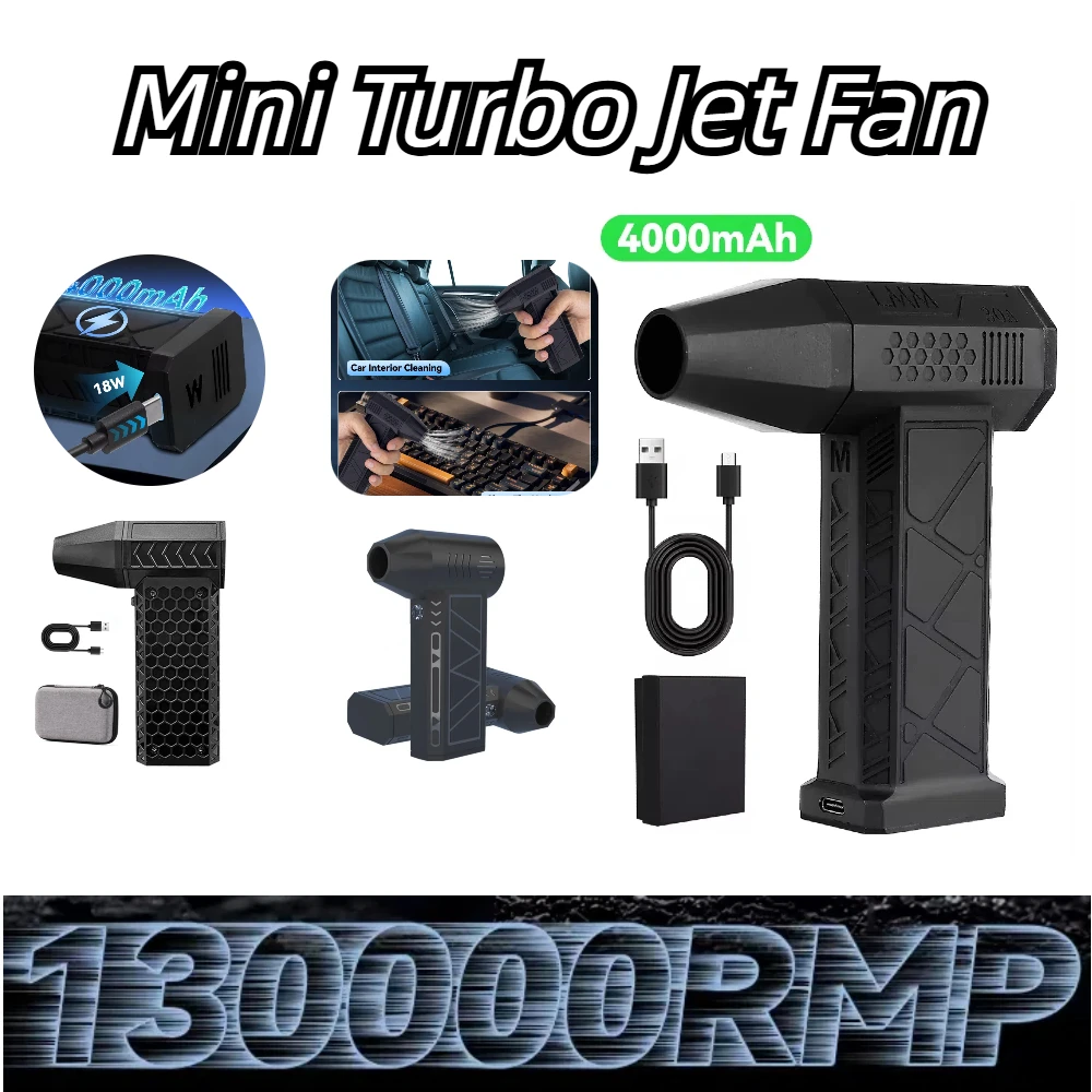 

130000RPM Mini Turbo Jet Fan Handheld Brushless Motor 3-Speed Adjustment Perfect Rechargeable via Type-C USB for Car Dryer