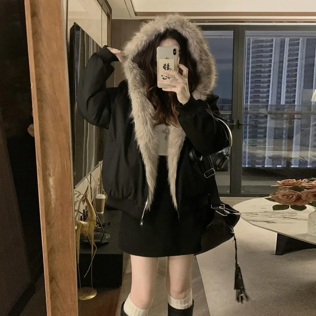

Women's Retro Cute Short Reversible Hooded Jacket Fleece-Lined Thickened down Warm Furry Coat for Winter
