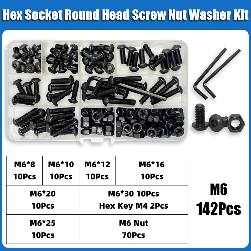 2510p Hex Hexagon Socket Bolkopschroef Kit M2 M2.5 M3 M4 M5 M6 Zwart 10.9 Kwaliteit Inbusschroeven Bouten met Moeren Ring ISO7380