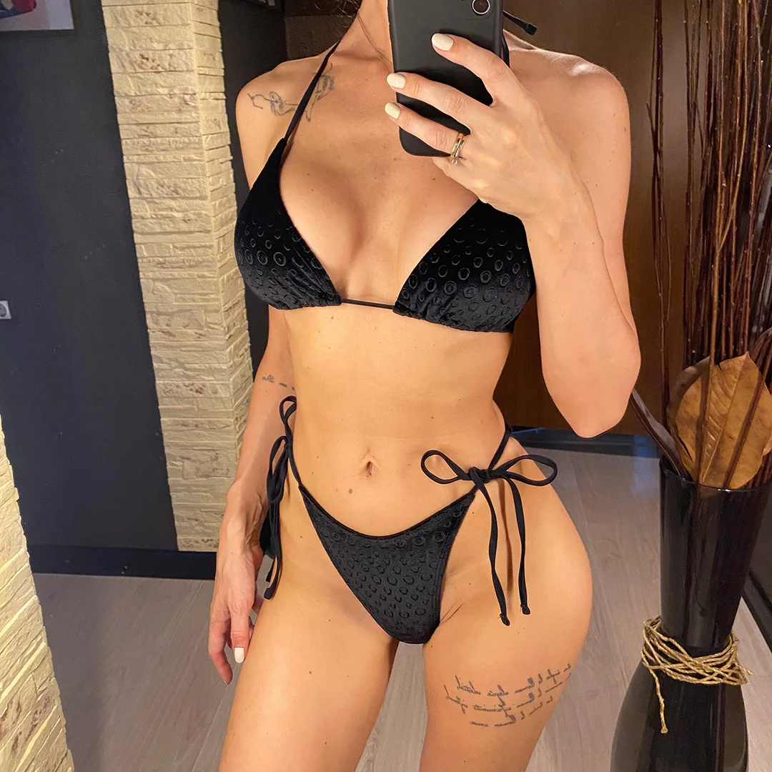 Neuer Halter-Bikini aus Samt mit hohem Beinausschnitt, Damen-Badebekleidung, zweiteiliger Bikini-Set, gepolsterter Badeanzug, Badeanzug, Schwimmbikini V4502 – Detail 3