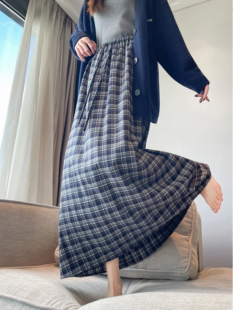 Dames geruite midi-rok Retro herfst hoge taille trekkoord Casual A-lijn halflange paraplurok