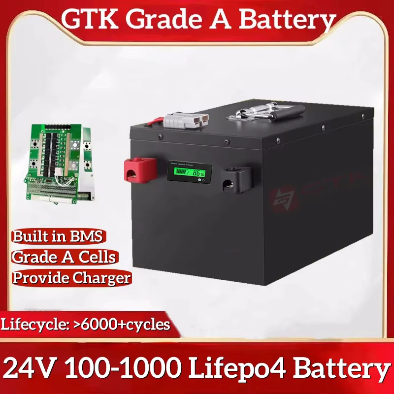 GTK Lifepo4 24V 100Ah Battery 200Ah 300Ah 400Ah 500Ah 600Ah 800Ah 1000Ah Lithium Iron Phosphate for 2KW Solar System RV Outdoor