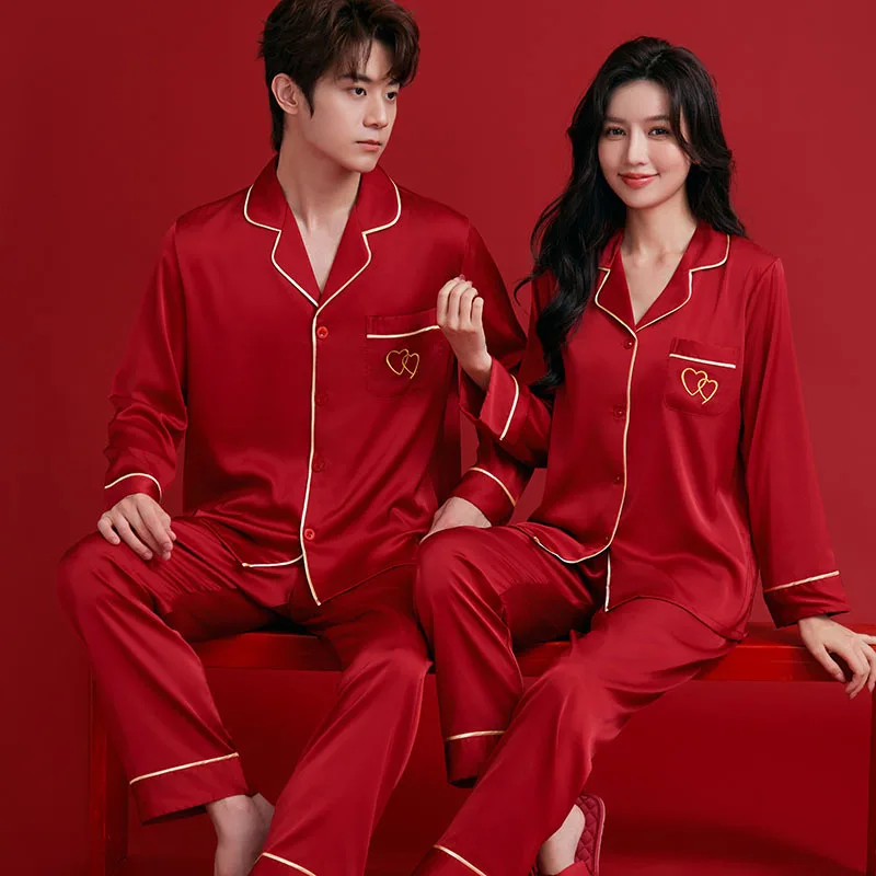 

Autumn Thin Ice Silk Long Sleeve Shirt Pants Sleepwear Set for Couples Men Women Home Comfortable Pajamas