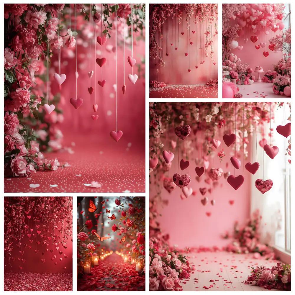 February 14 Valentine's Day Photography Backdrop Glitter Red Love Heart Flower Wedding Party Couple Portrait Photo Background