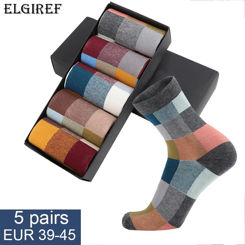 

5 Pairs/Lot Combed Cotton Men's Socks Compression Socks Fashion Colorful Square Happy Dress Socks Men Size 39-45