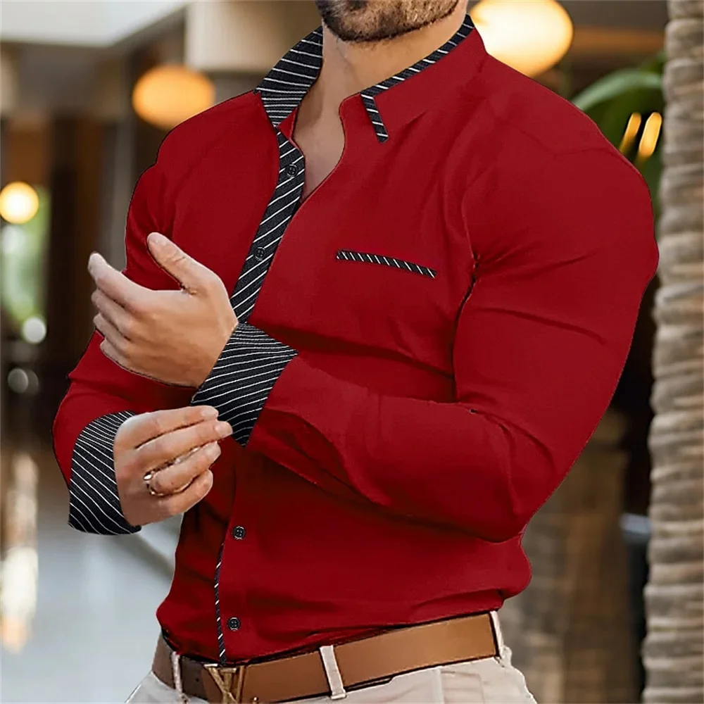 2025Men's Shirt Button Up Casual Shirt Long Sleeve Line Patchwork Shirt Everyday Resort Wear Casual Comfort Casual Elegant Plus