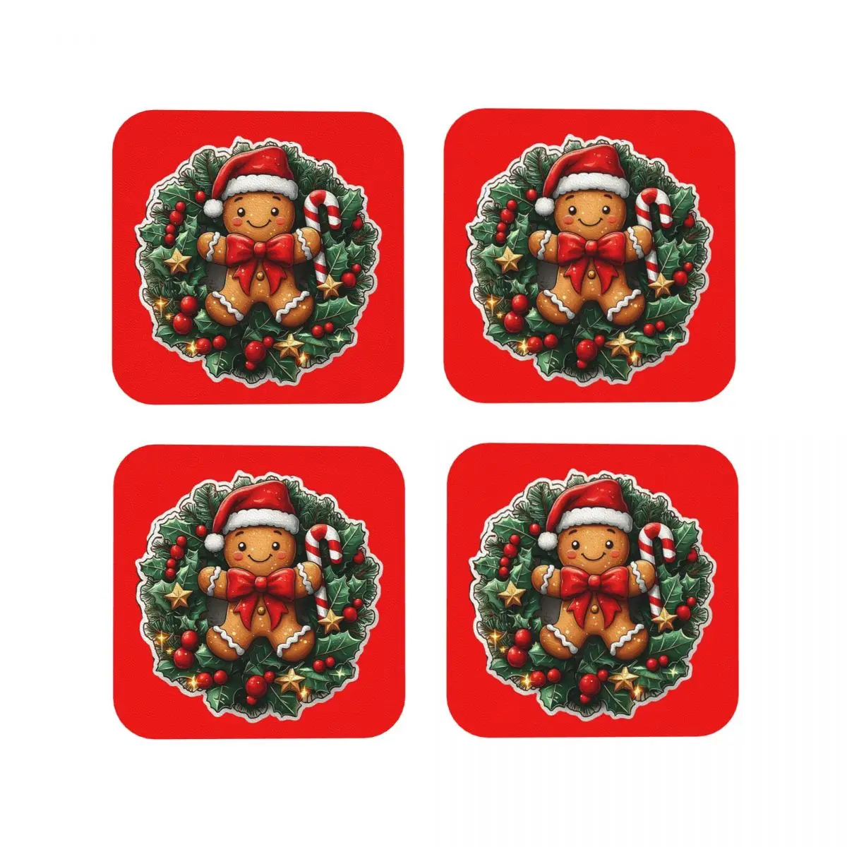 Gingerbread Joy Wreath Coasters Kitchen Placemats Waterproof Insulation Cup Coffee Mats For Decor Home Tableware Pads Set of 4