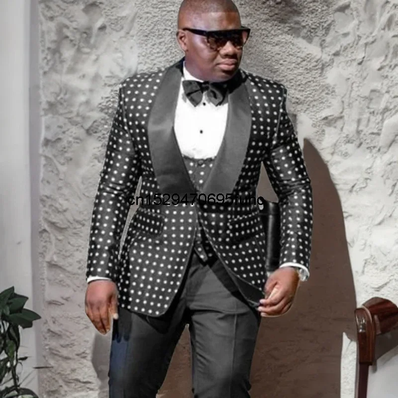 

Black Check Dots Slim Fit Men Suits For Wedding 3 Piece African Groom Tuxedo Custom Man Fashion Jacket Vest Pants 2023