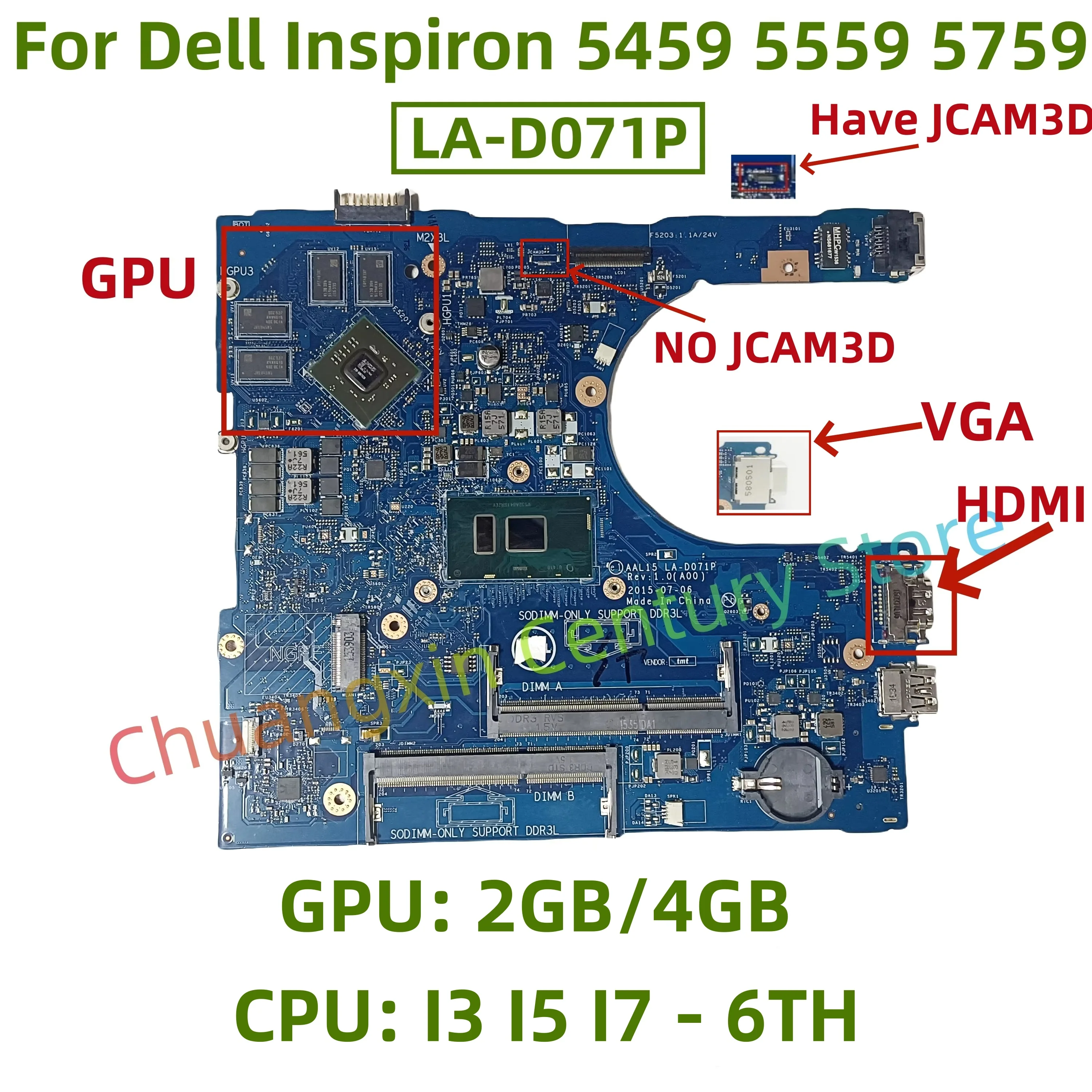 

LA-D071P motherboard for Dell Inspiron 5459 5559 5759 laptop CPU: I3 I5 I7-6TH GPU: M335 2GB/4GB 100% test ok shipment
