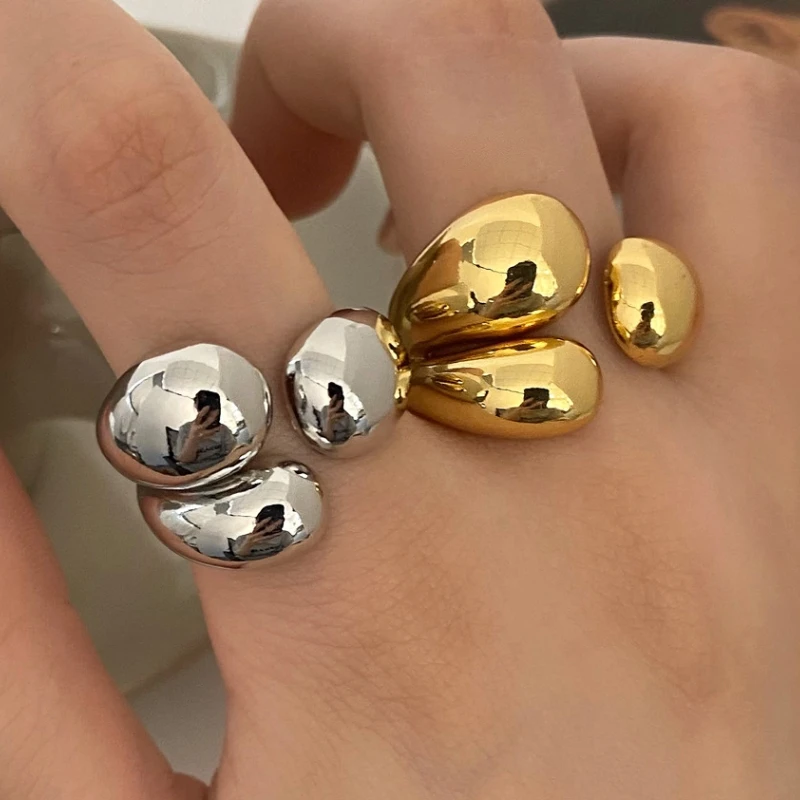 ANENJERY Silver Color Asymmetric Water Droplets Rings for Women Simple Fashion Open Golden Ring Korean Design Jewelry