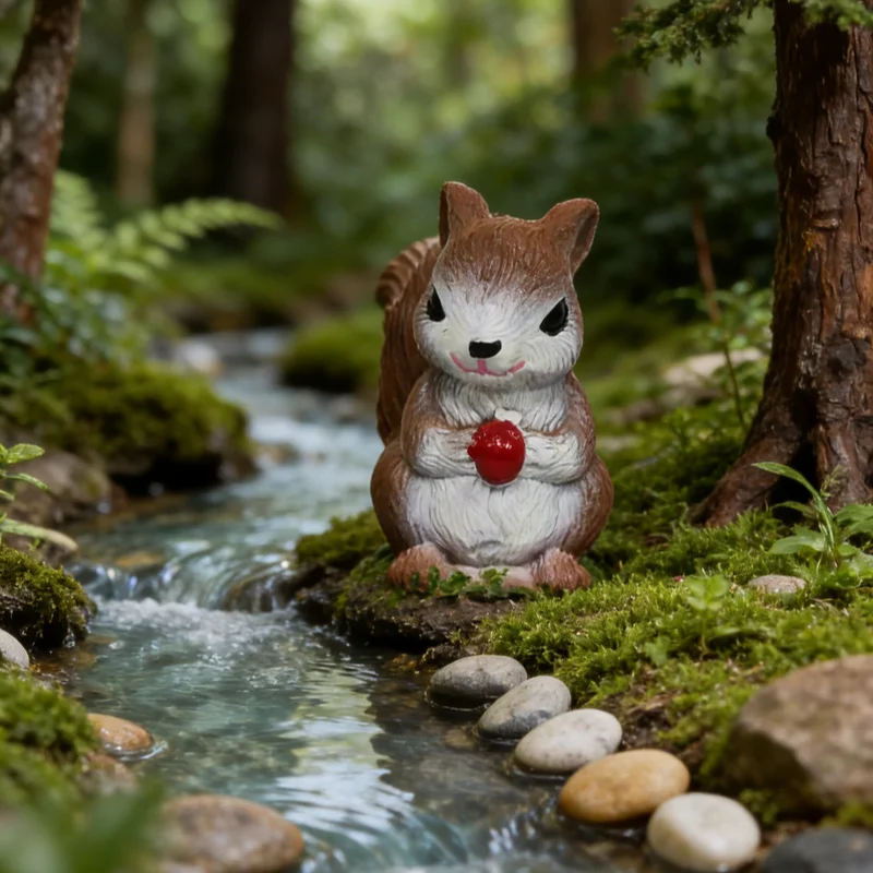 Pastoral-Style Resin Garden Statue of a Squirrel Holding Red Fruit, Paired with Decorative Items Next to the Green Plants in the Floral Shop Window, Symbolizing Smooth Business Operations and Abundant Customer Flow, Ha