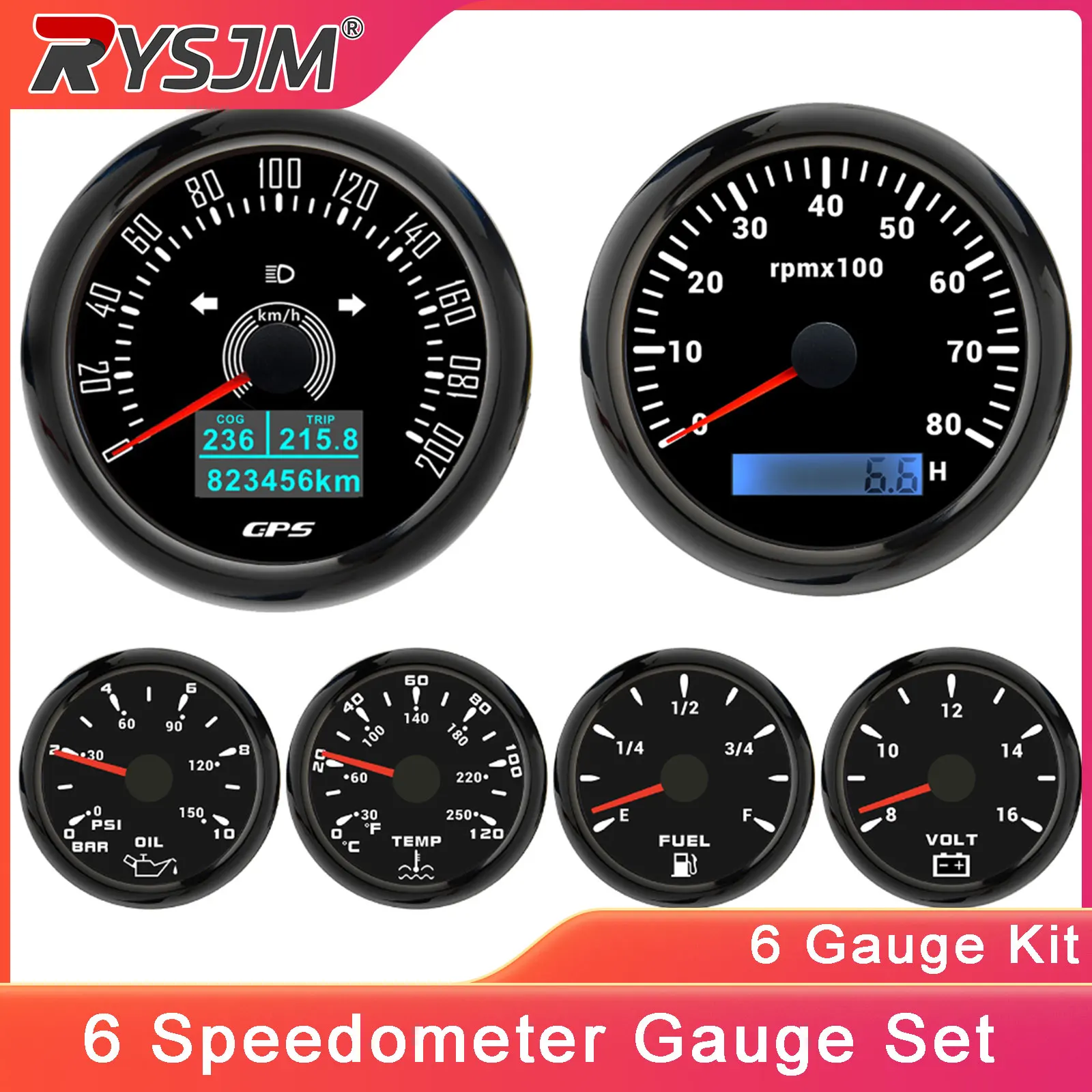 

6 Gauge Kit 85mm GPS Speedometer 200KM/H Tachometer 8000RPM Fuel Level Water Temp 0-120℃ Oil Pressure Gauge 12V Voltage Meter