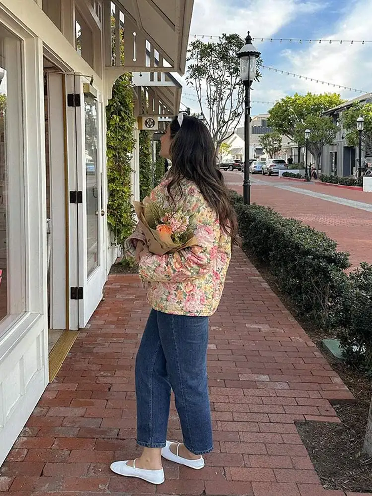 Chaqueta de algodón con estampado de botones para mujer, abrigo holgado de manga larga con cuello levantado, ropa de calle para otoño, 2024