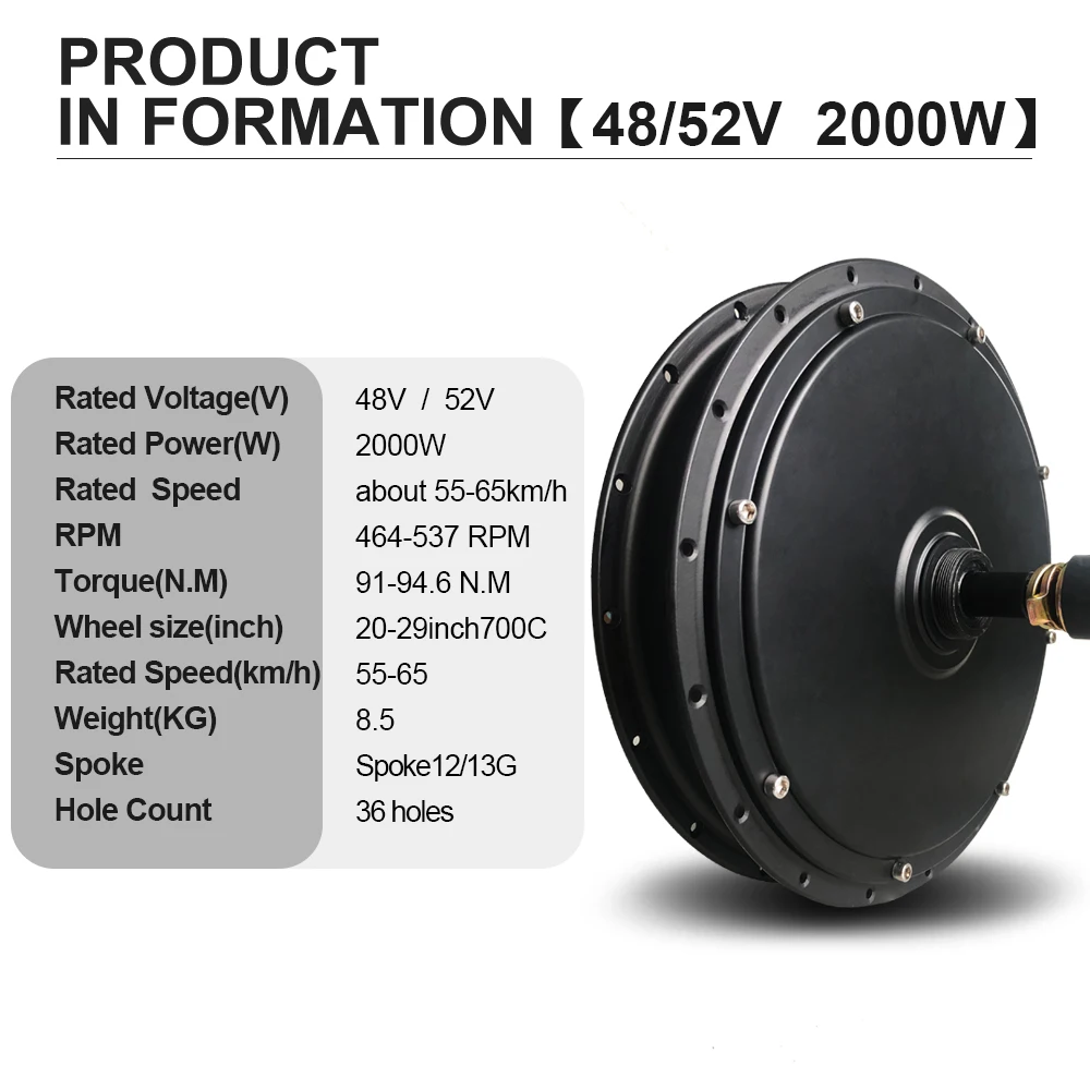 52V 2000W Electric Bike Conversion Kit 48V2000W Rear Wheel Hub Motor For Rear Dropout 135mm  20/26/27.5/29 inch