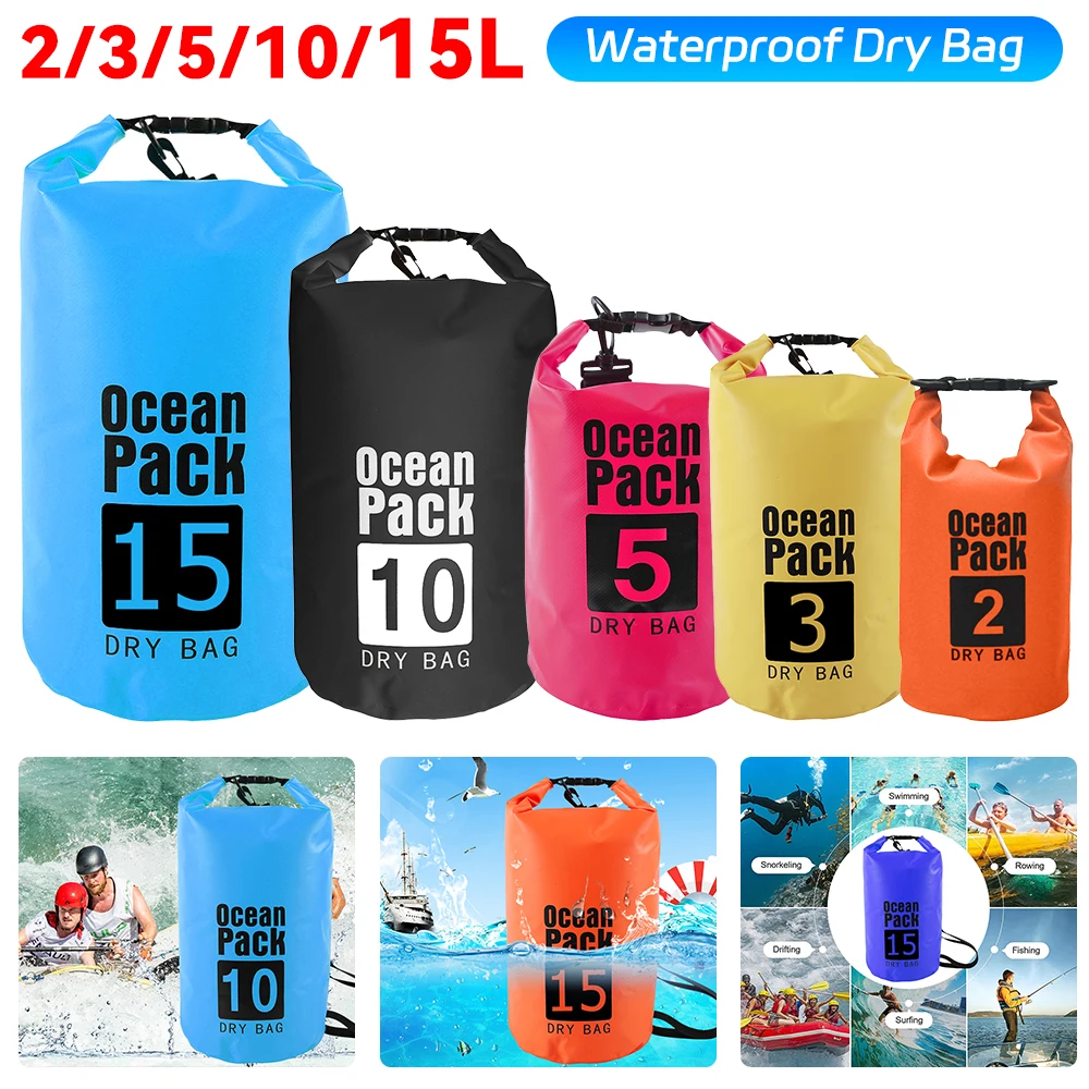 

2-15L Waterproof Dry Bag Beach Swimming Bag Foldable Motorcycle Storage Pack Kayaking Rafting River Trekking Floating Water Sack