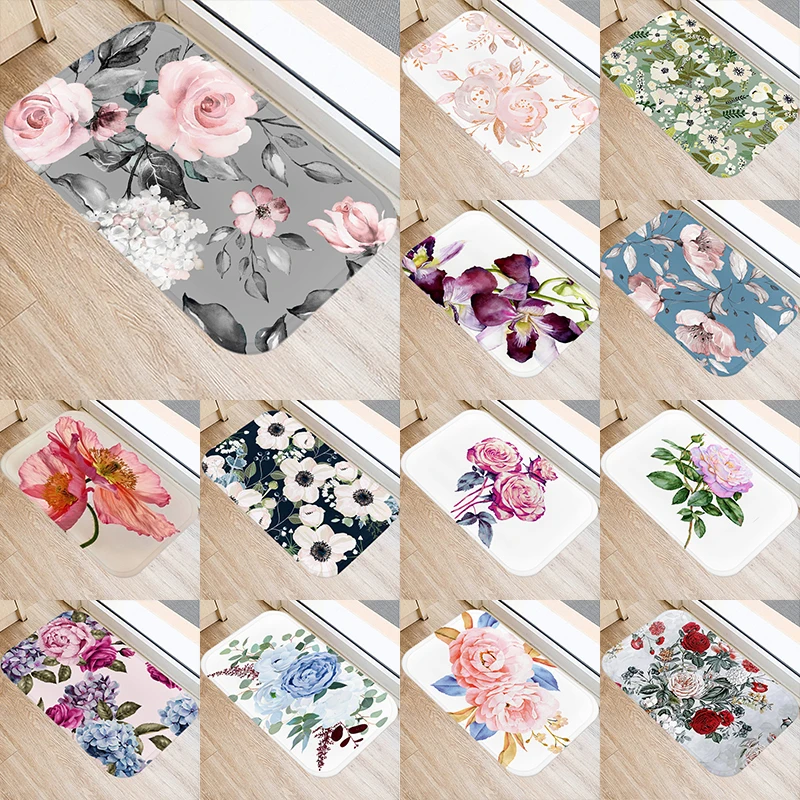 Colorful flower pattern home kitchen bathroom entrance doormat coral velvet carpet  indoor floor mat anti slip