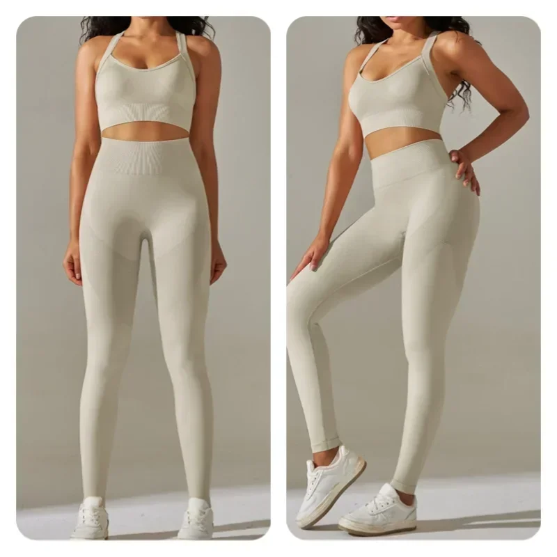 European and American Solid Color Seamless Knitted Cross Back Tight Yoga Suit Set for Sports Running and Fitness Cropped Pants