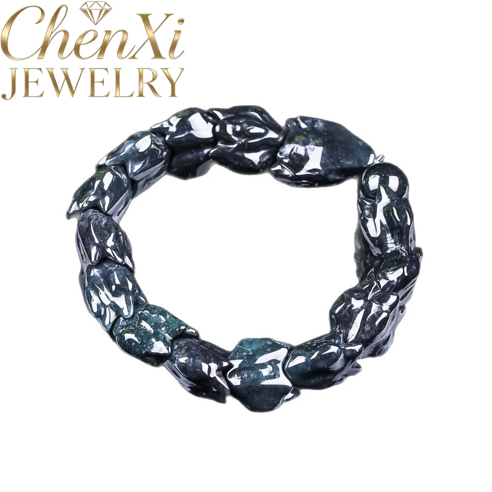 Natural Myanmar Jade Gem Wrist Jewelry High Translucent Black Grade A Jadeite 3D Carved Dragon Bone Link Bracelet Exquisite Gift