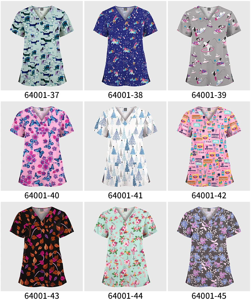 Großhandel Polyester Spandex Uniformen Schöne Krankenhaus Scrubs Tops Frauen Krankenschwester Gedruckt Scrub Top Gesundheitswesen Krankenpflege Scrub Shirt – Detail 9