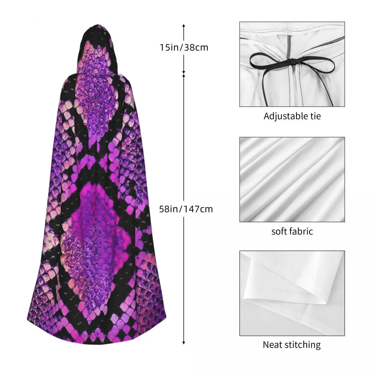Snake Skin Reptile Long Hooded Cloak Witch Medieval Costume Cosplay Cape HalloweenVampire Adult Unisex