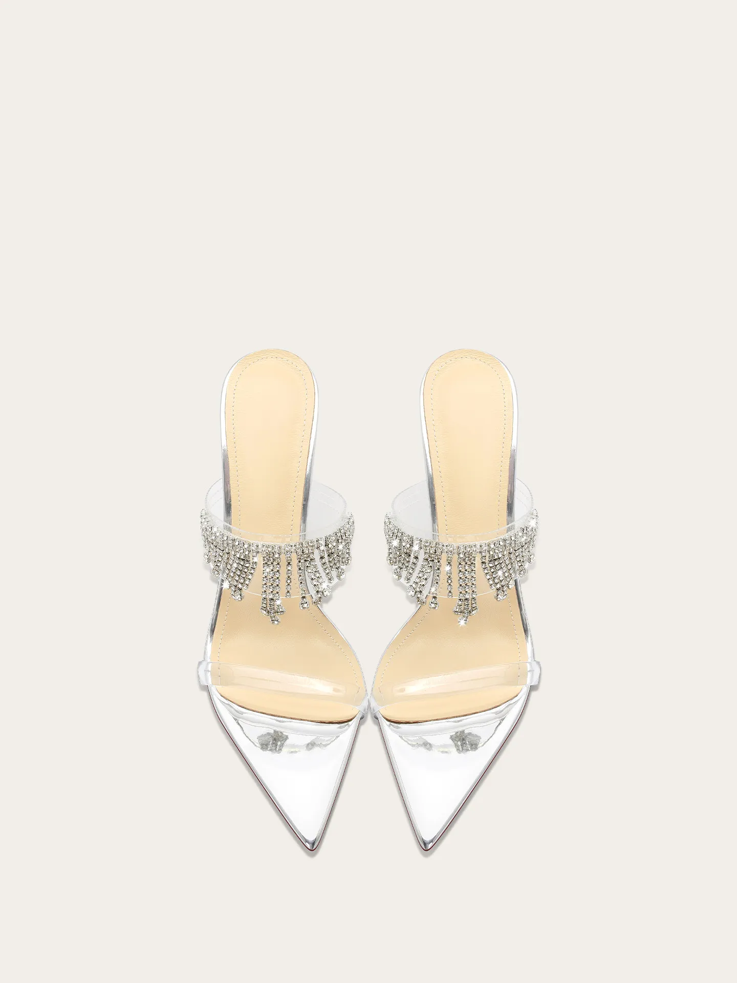 New pointed silver patent leather rhinestone chain transparent straight strap exposed toe sandals for women, half support shoes