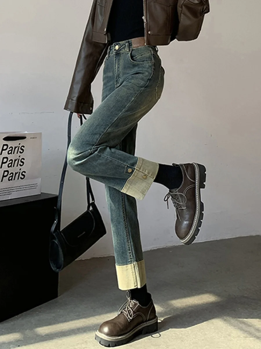 Thiened Fce اصطف عالية الخصر Bla تسعة عشرات الدينيم الجينز المرأة الخريف الشتاء حجم كبير سليم مستقيم أنبوب السراويل #4