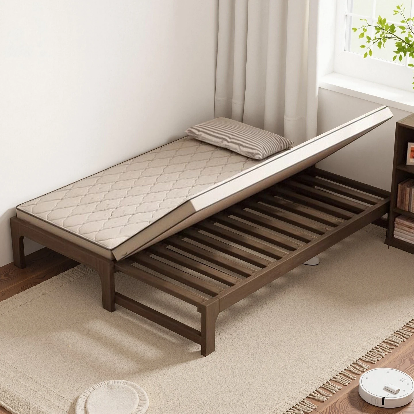 Pull-out bed All solid wood retractable bed Small household living room Bedroom Side pull-out sofa bed Tatami folding