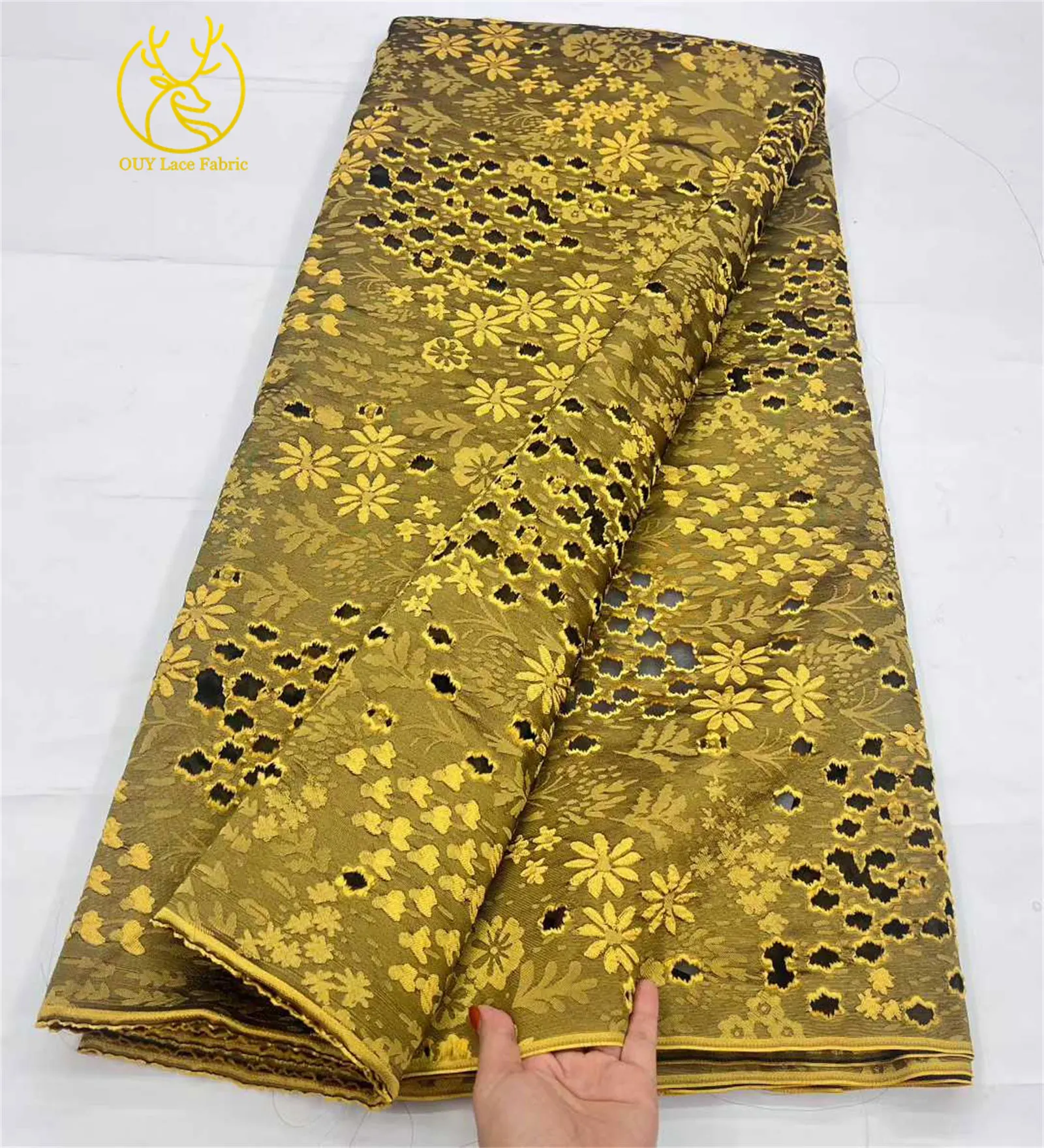 Goldener Luxus Afrikanischer Jacquard-Spitzenstoff 2026 Hochwertiger Nigerianischer Chiffon-Spitzenstoff für Damen Partykleider Nähzubehör – Detail 5
