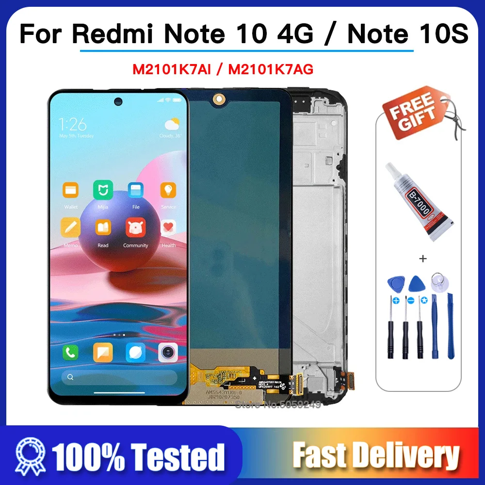 Tested AMOLED For Xiaomi Redmi Note 10S LCD Display Touch Screen Digitizer Assembly M2101K7BG M2101K7BI M2101K7BNY M2101K7BL LCD