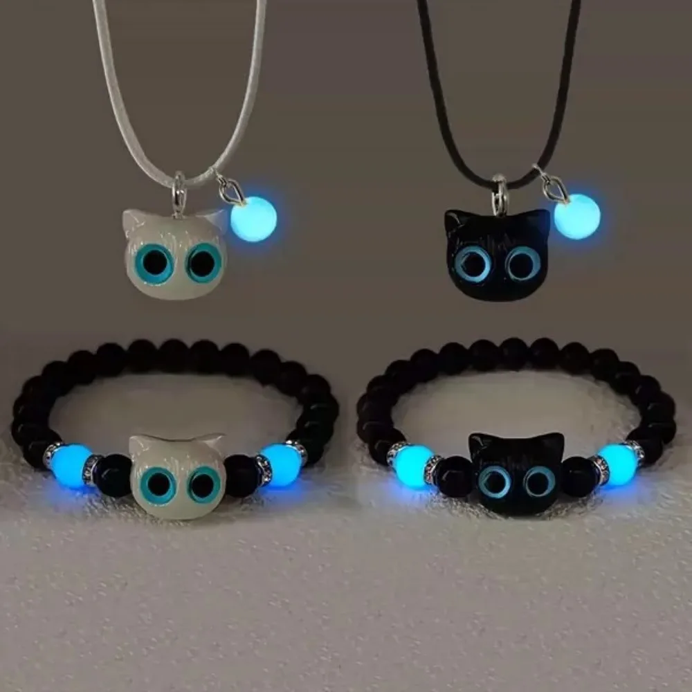 Creative Cute Stereo Luminous Black White Little Cat Pendant Necklace Bracelet Sets for Women Couple Jewelry Sets Accessory Gift