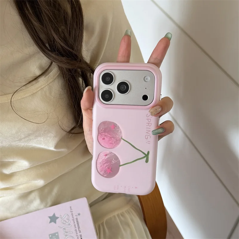 Aesthetic Minimal Hand Drawn Cherry Print Phone Case For iPhone 15 16 17 ProMax Pastel Pink Big Window Phone Cover For Girls