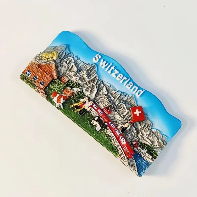 Swiss Girl Peak Tourist Souvenir Creative 3D Landscape Painting Small Train Magnetic Refrigerator Sticker Decorative Gift