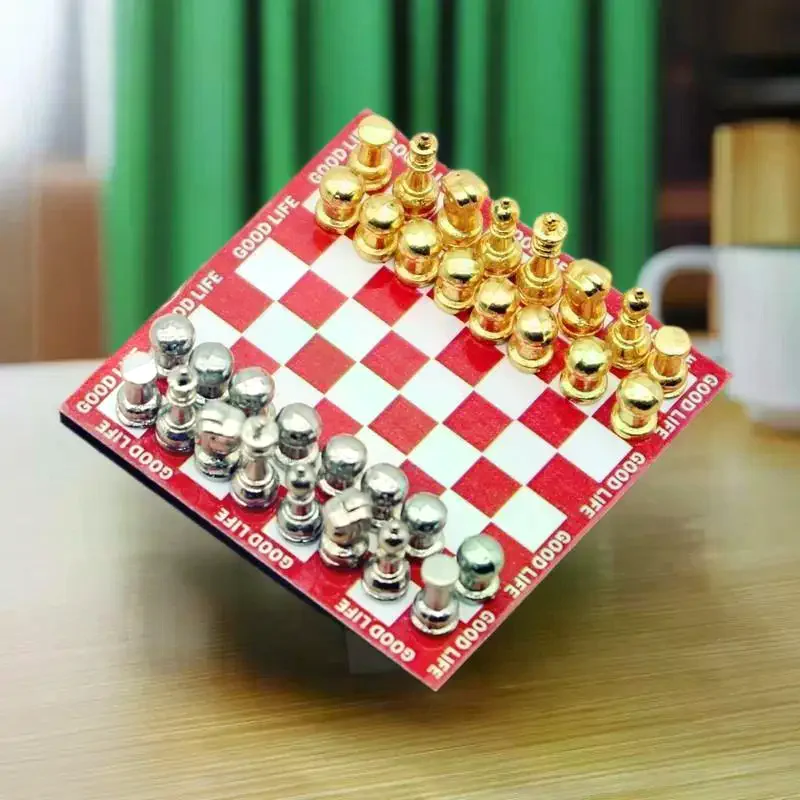 Miniature Red Table Chess Set, Magnetic Board Game for 1:12 Dollhouse Scene Display