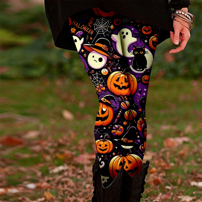 Legginsy damskie z nadrukiem 3D na Halloween, wzór dyni i pająka, elastyczne, do jogi, na co dzień, do sportu, biegania, fitnessu, spodnie codzienne.