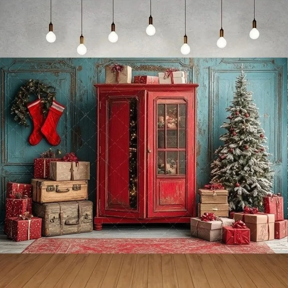 

Winter Christmas vintage red wardrobe shooting background, Christmas tree gift, children's family portrait shooting background