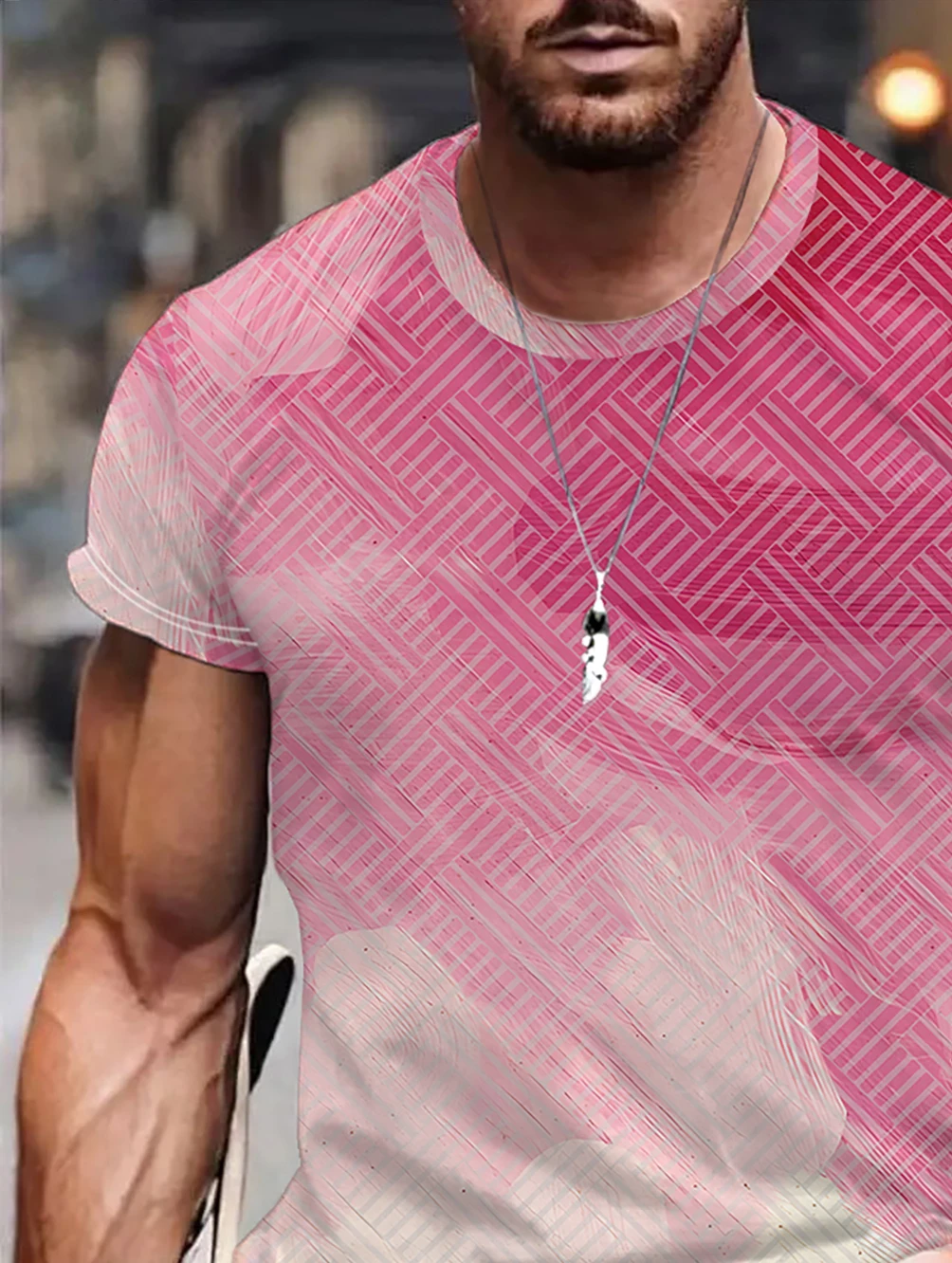 Men's summer new casual round neck short sleeves 3D digital pink stripe print short sleeves cross-border Amazon