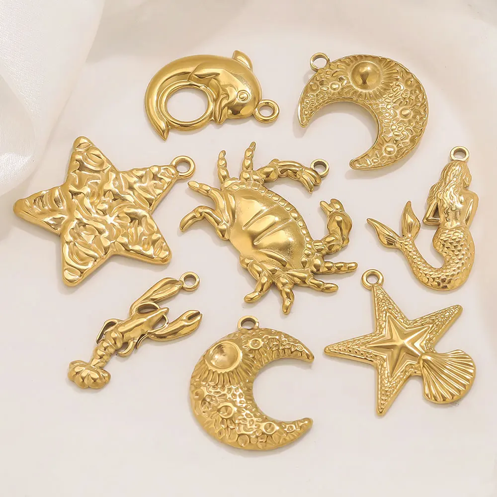 5 Pcs Stainless Steel Moon Sea Crab Starfish Mermaid Charms for DIY Women Earrings Necklace Jewelry Material Crafts Wholesale