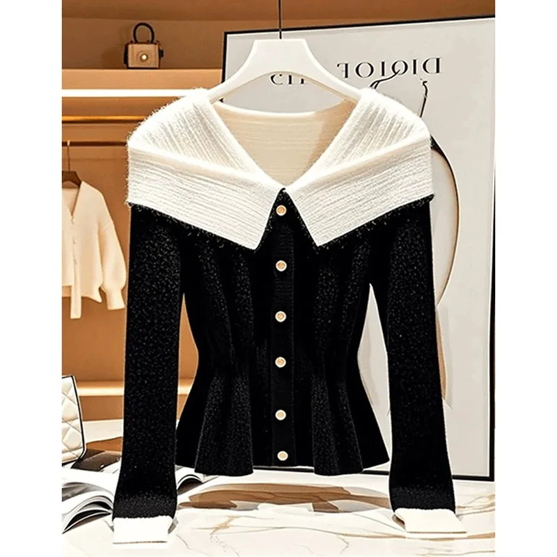 Outono inverno contraste camisola de malha feminina usar xale manto curto tricô camisola feminina casual jumper malhas camisola