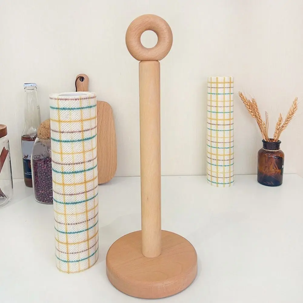 Practical Anti-Slip Wooden Roll Paper Rack Free Standing Cute Vertical Napkins Rack One-handed Tear Paper Towel Holder Bathroom