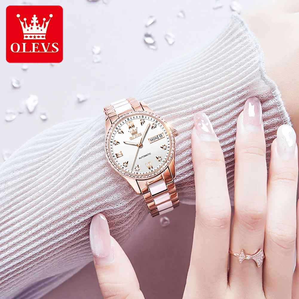 OLEVS 6637 Automatic Mechanical Watch for Women Diamond Dial Elegant Ceramics Strap Waterproof Calendar Wristwatch Bracelet Set