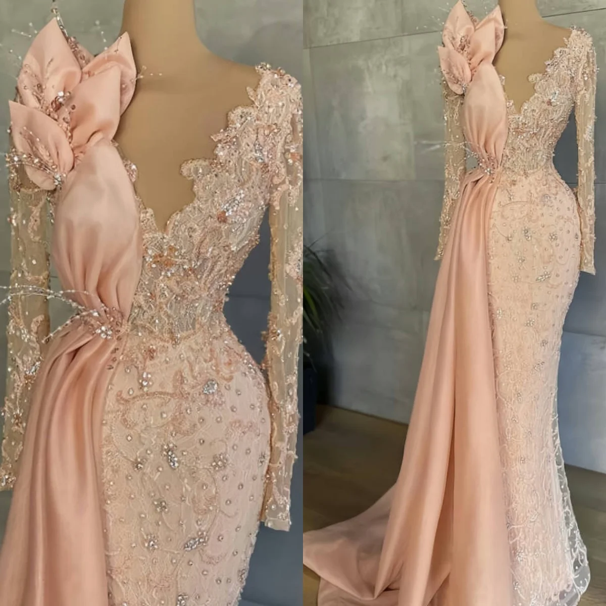 

Elegant Long Sleeves Mermaid Prom Dresses Lace Appliques Tailing Party Dresses Crystal Beadeds Formal Occasion Gowns Custom Made