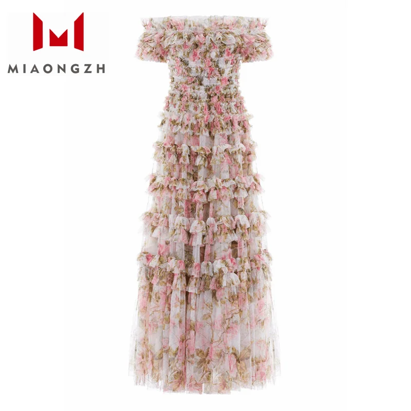 

Temperament Mesh Female Dress Slash Neck Short Sleeve 2025 Summer New High Waist Slimming Folds Women's Fashion Party Dresses