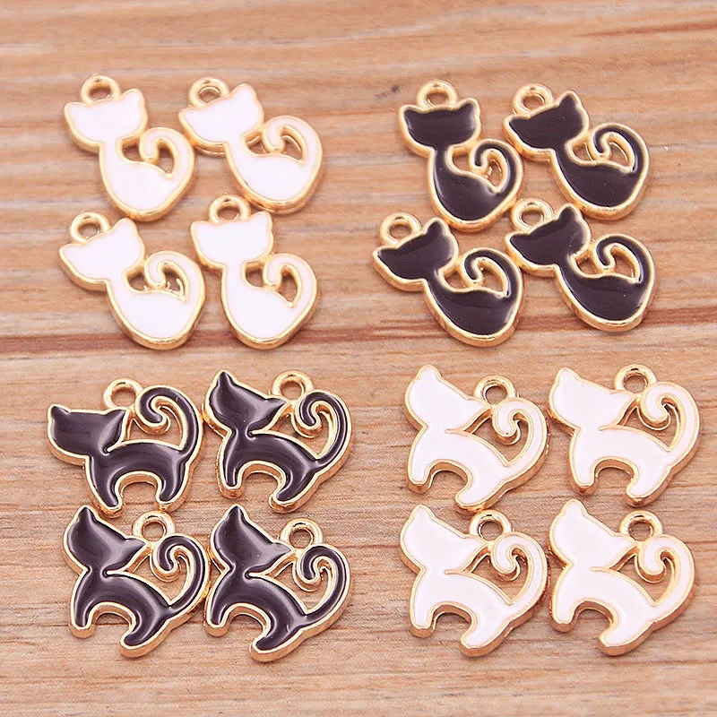 30Pcs Alloy Metal KC Gold Color Drop Oil  White Black Small Cat Charms Animal Pendant For DIY Bracelet Necklace Jewelry Making