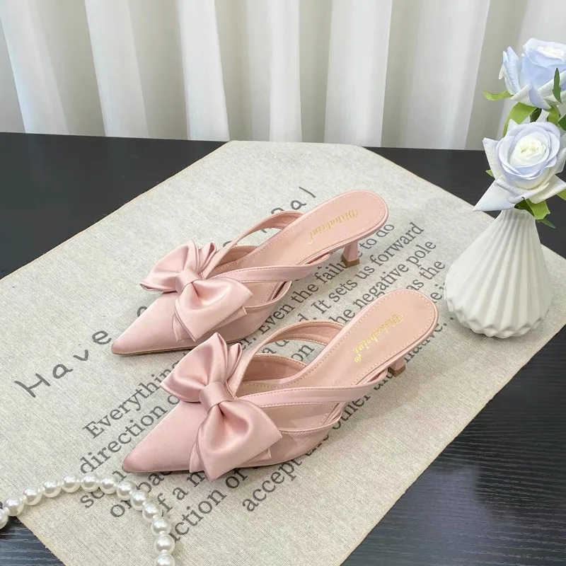 New Women's Spring and Summer Pointed Toe Bow Hollow High Heel Half-Toe Slippers Fashionable Thin Heel Sandals Zapatos Mujer