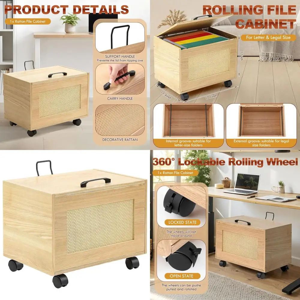 Archivador con ruedas de mimbre para cartas/egales con tapa, organizador colgante de ratán para oficina en casa