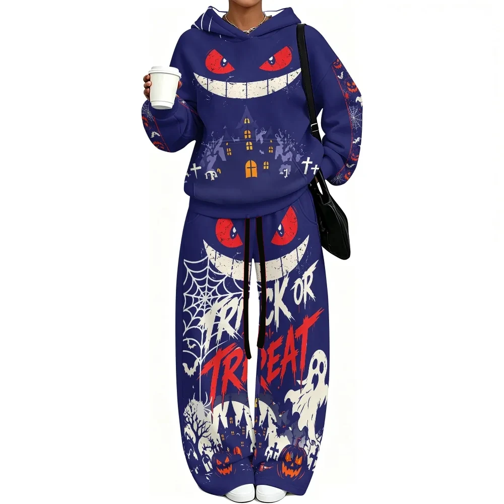 Halloween Geng Ghost Print Two Piece Casual Hoodie and Wide Leg Pants Set Anime Ghost Pattern Hoodie Sweatshirt Street