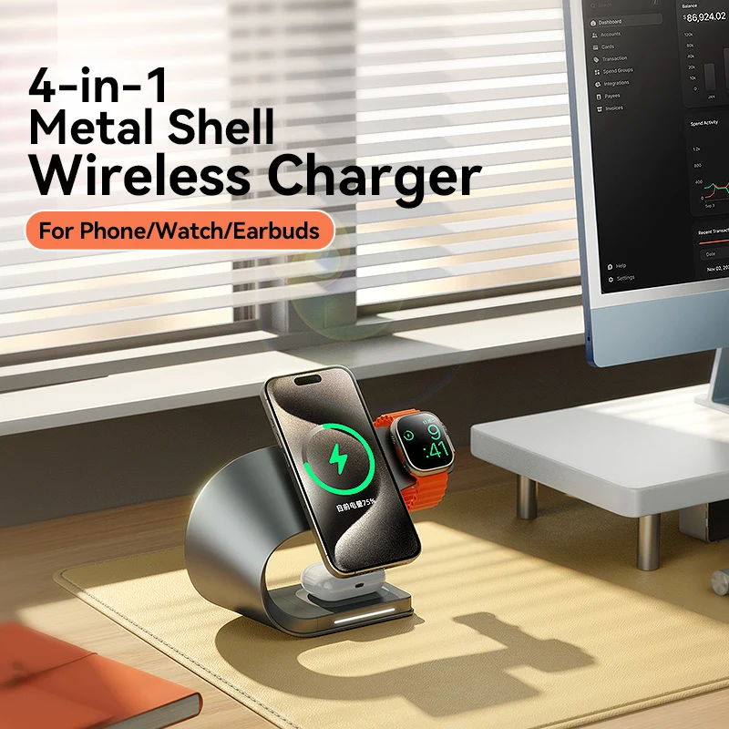 เปลือกโลหะ 4 in 1 Wireless Charger สําหรับ iPhone 15 14 13 12 Magnetic Fast CHARGING Station แท่นวางสําหรับ Apple Airpods นาฬิกา