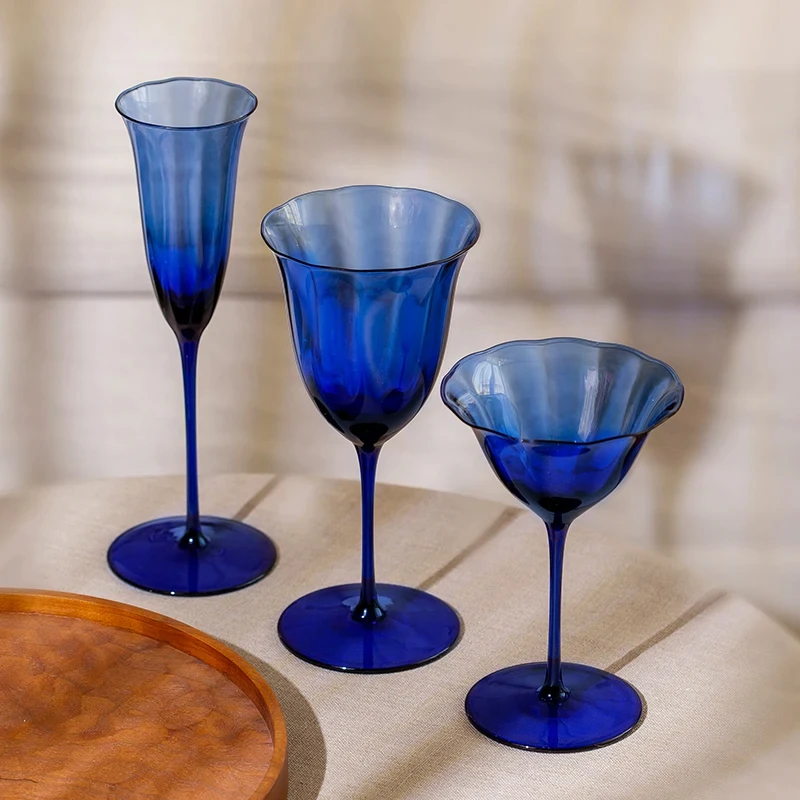 Vintage Blue Flower Pattern Goblets Handmade Crystal Ultra Thin Red Wine Glass Champagne Martini Wine Glass